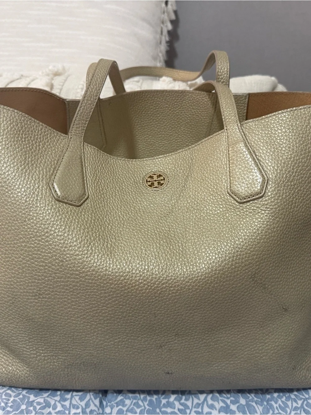 Tory Burch Champagne Metallic Pebbled Leather Tote